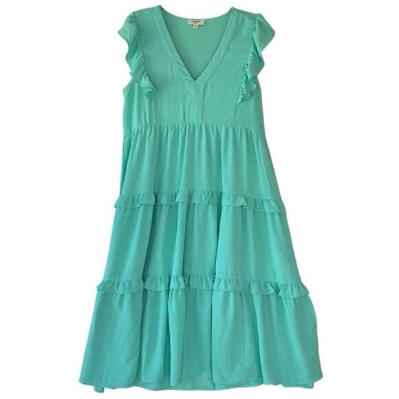 Umgee Emerald Green Ruffle Tiered Midi Flutter Sleeves V Neck Dress Women Small - Picture 2 of 10